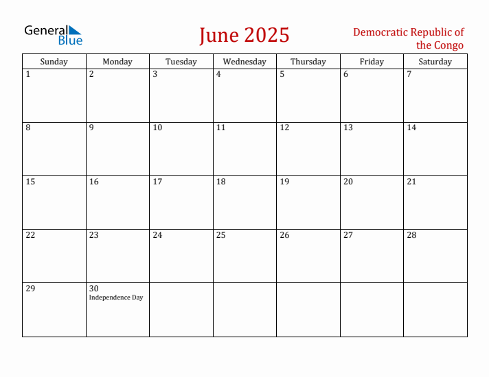 Democratic Republic of the Congo June 2025 Calendar - Sunday Start