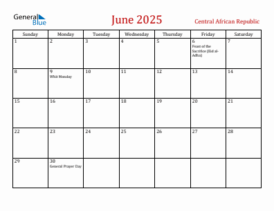 Current month calendar with Central African Republic holidays for June 2025
