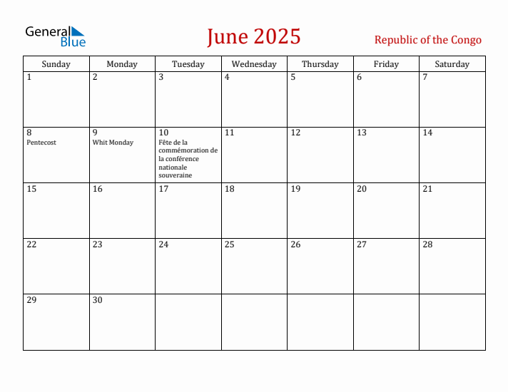 Republic of the Congo June 2025 Calendar - Sunday Start