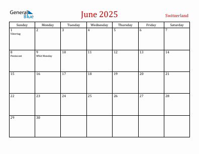 Current month calendar with Switzerland holidays for June 2025