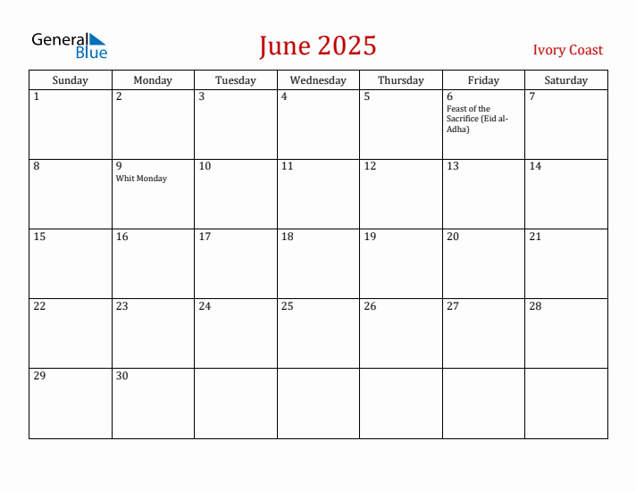 Ivory Coast June 2025 Calendar - Sunday Start
