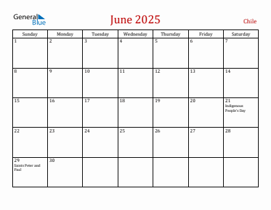 Current month calendar with Chile holidays for June 2025