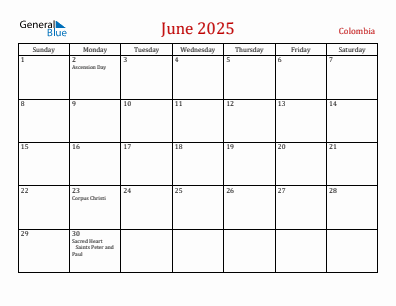 Current month calendar with Colombia holidays for June 2025