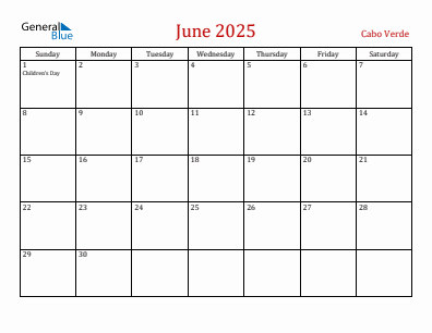Current month calendar with Cabo Verde holidays for June 2025