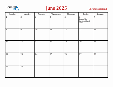 Current month calendar with Christmas Island holidays for June 2025