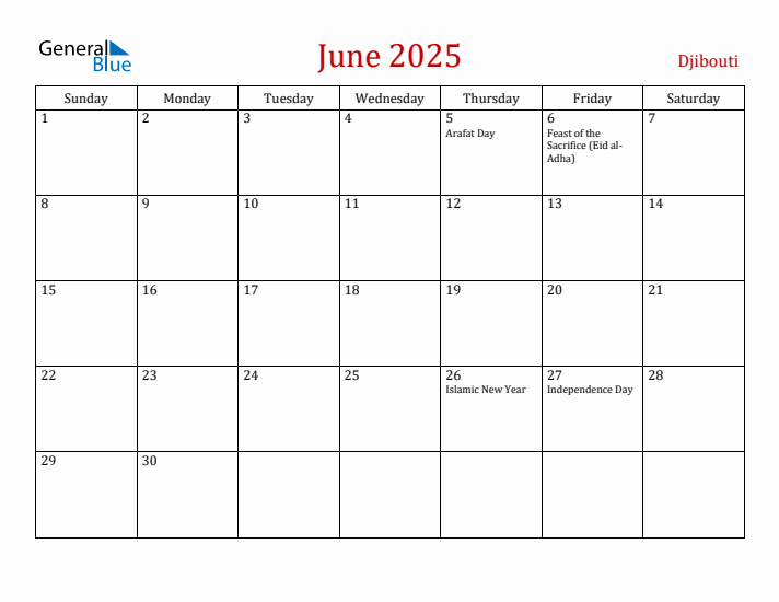 Djibouti June 2025 Calendar - Sunday Start