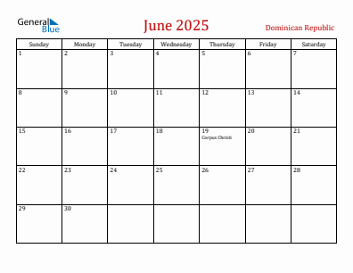 Current month calendar with Dominican Republic holidays for June 2025