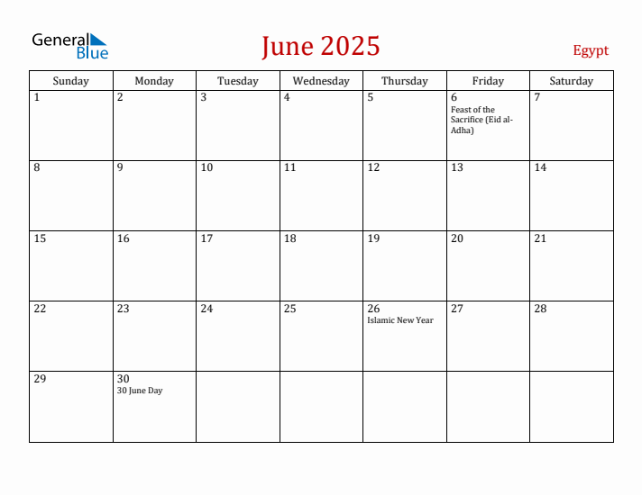 Egypt June 2025 Calendar - Sunday Start