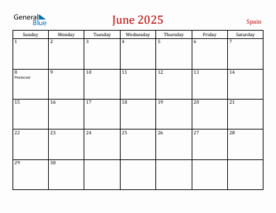 Current month calendar with Spain holidays for June 2025