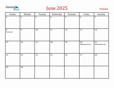 Current month calendar with Finland holidays for June 2025