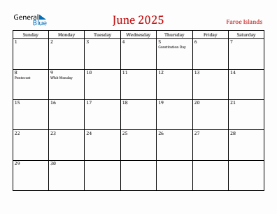 Current month calendar with Faroe Islands holidays for June 2025