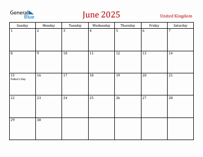 Current month calendar with United Kingdom holidays for June 2025