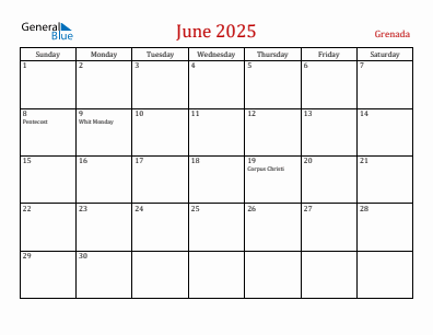 Current month calendar with Grenada holidays for June 2025
