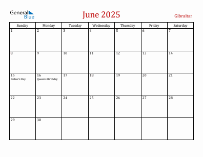 Current month calendar with Gibraltar holidays for June 2025