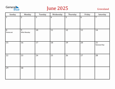 Current month calendar with Greenland holidays for June 2025