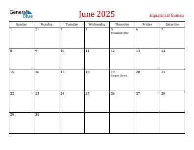 Current month calendar with Equatorial Guinea holidays for June 2025