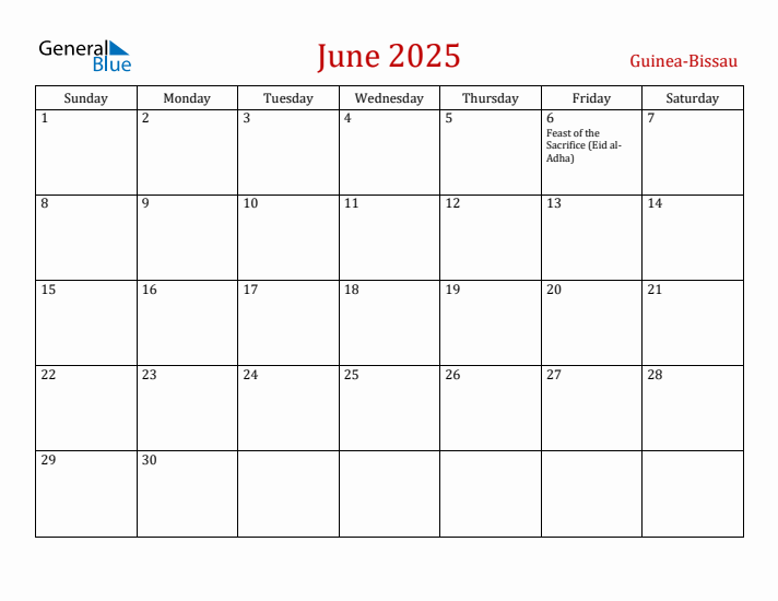 Guinea-Bissau June 2025 Calendar - Sunday Start