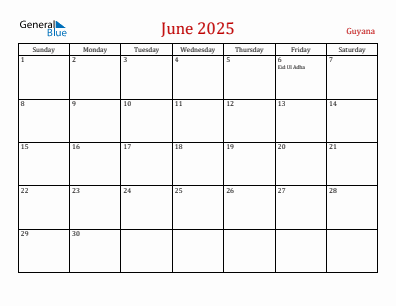 Current month calendar with Guyana holidays for June 2025