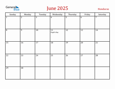 Current month calendar with Honduras holidays for June 2025