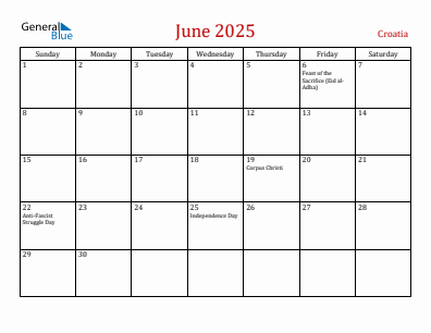 Current month calendar with Croatia holidays for June 2025
