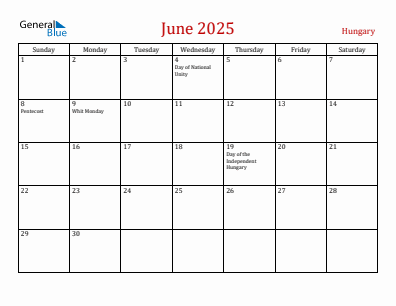 Current month calendar with Hungary holidays for June 2025
