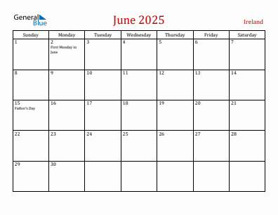 Current month calendar with Ireland holidays for June 2025