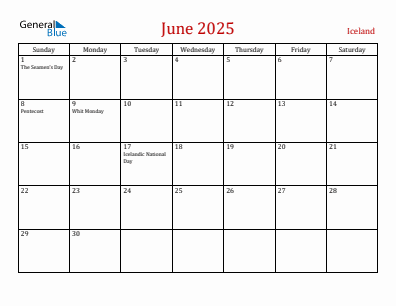 Current month calendar with Iceland holidays for June 2025