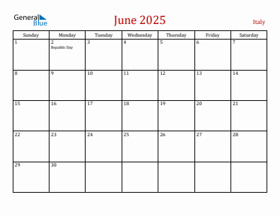 Current month calendar with Italy holidays for June 2025