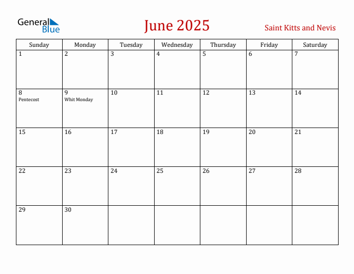 Saint Kitts and Nevis June 2025 Calendar - Sunday Start