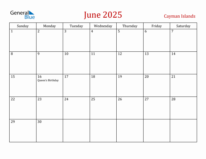 Cayman Islands June 2025 Calendar - Sunday Start
