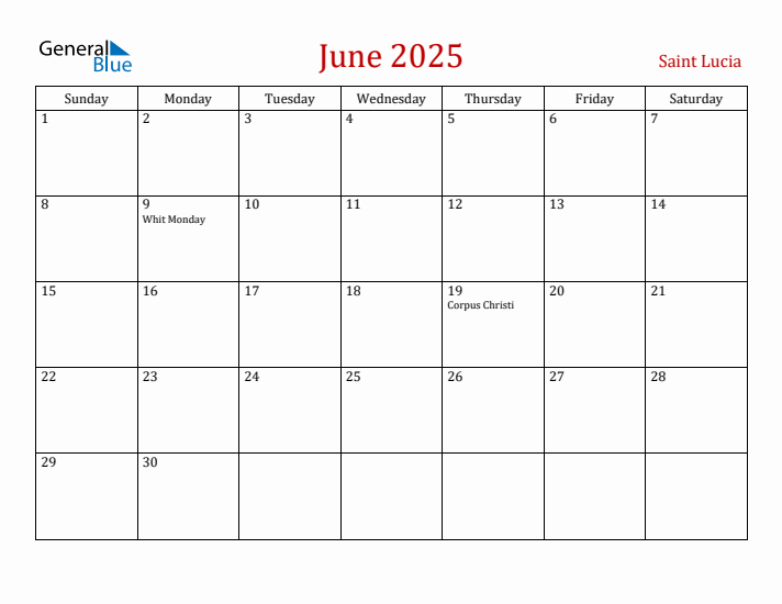 Saint Lucia June 2025 Calendar - Sunday Start