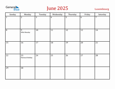 Current month calendar with Luxembourg holidays for June 2025