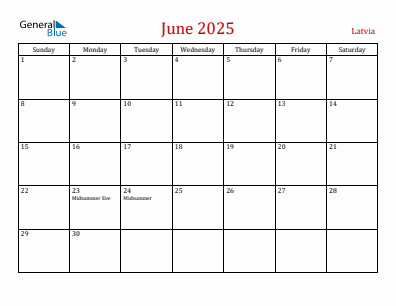 Current month calendar with Latvia holidays for June 2025