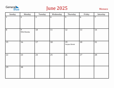 Current month calendar with Monaco holidays for June 2025