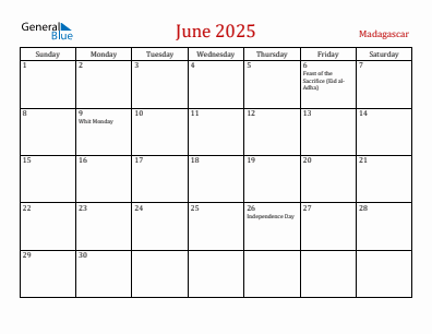 Current month calendar with Madagascar holidays for June 2025