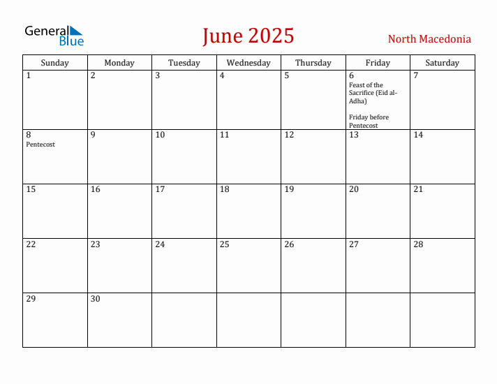 North Macedonia June 2025 Calendar - Sunday Start