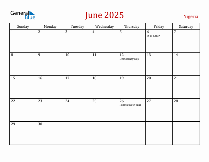 Nigeria June 2025 Calendar - Sunday Start