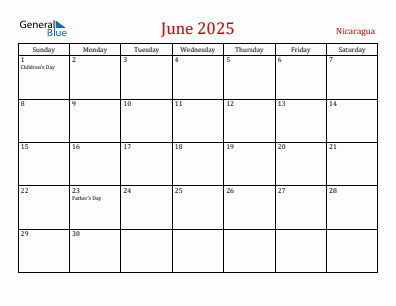 Current month calendar with Nicaragua holidays for June 2025
