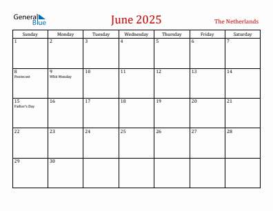 Current month calendar with The Netherlands holidays for June 2025