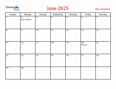 Current month calendar with New Zealand holidays for June 2025