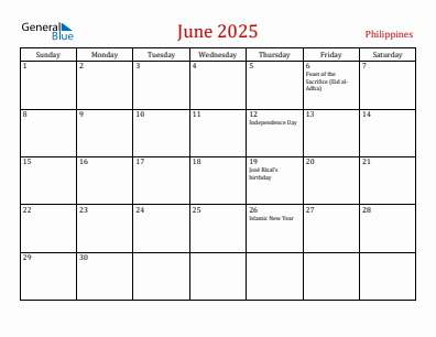 Current month calendar with Philippines holidays for June 2025
