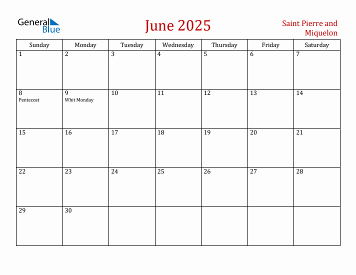 Saint Pierre and Miquelon June 2025 Calendar - Sunday Start