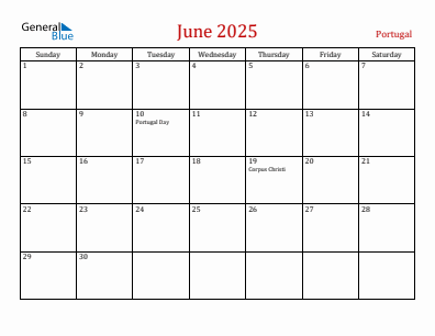 Current month calendar with Portugal holidays for June 2025