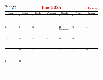 Current month calendar with Paraguay holidays for June 2025