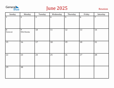 Current month calendar with Reunion holidays for June 2025