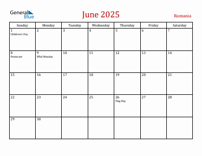 Current month calendar with Romania holidays for June 2025