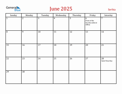 Current month calendar with Serbia holidays for June 2025