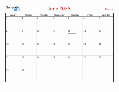 Current month calendar with Russia holidays for June 2025