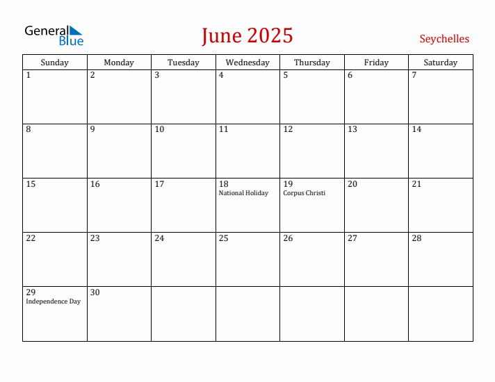 Seychelles June 2025 Calendar - Sunday Start