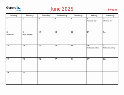 Current month calendar with Sweden holidays for June 2025